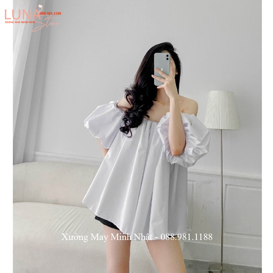 Áo trễ vai tay phồng rộng dáng giấu quần chun ngực - Áo kiểu nữ bánh bèo tay bồng hẹn hò đi học chơi biển tiệc điệu mát
