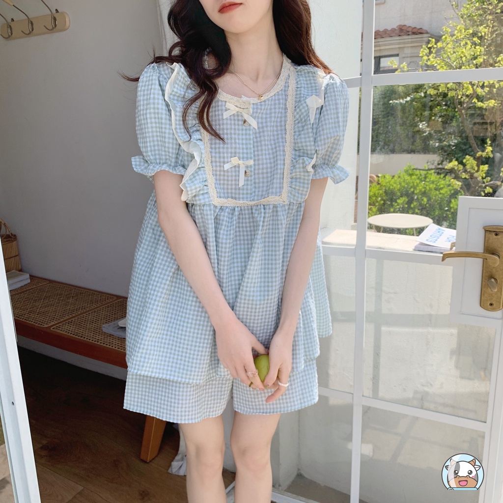 Bộ Đồ Ngủ Tay Ngắn Phối Ren Họa Tiết Kẻ Sọc Dễ Thương Phong Cách Hàn Quốc Cho Nữ