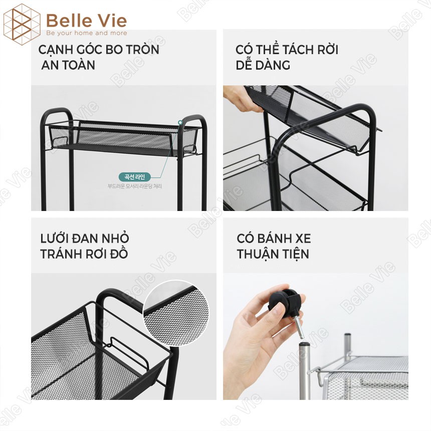 Kệ Sắt Đa Năng 3 Tầng BELLEVIE Kệ Đựng Đồ Sắt Sơn Tĩnh Điện Kệ Để Nhà Bếp, Phòng Tắm, Phòng Ngủ Có Bánh Xe Tiện Lợi