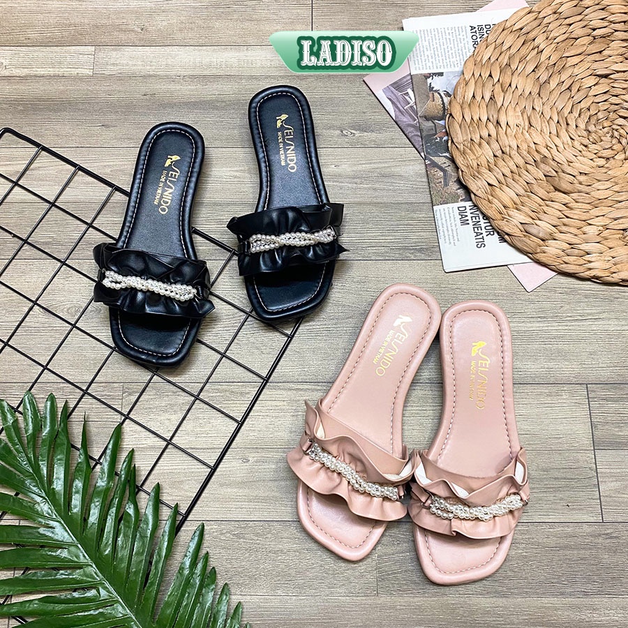 Dép nữ quai ngang kiểu bèo nhún đính hai chuỗi ngọc LADISO xinh xắn dễ thương hàng hot trend TT385