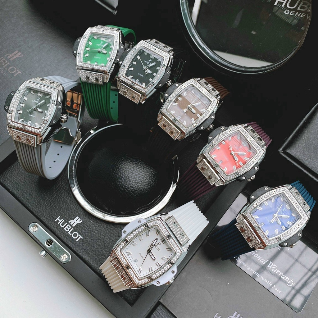 Đồng hồ nữ Hublot senna 32mm máy nhật quartz, mẫu mặt chữ nhật 5 màu, viền đính đá, dây silicone