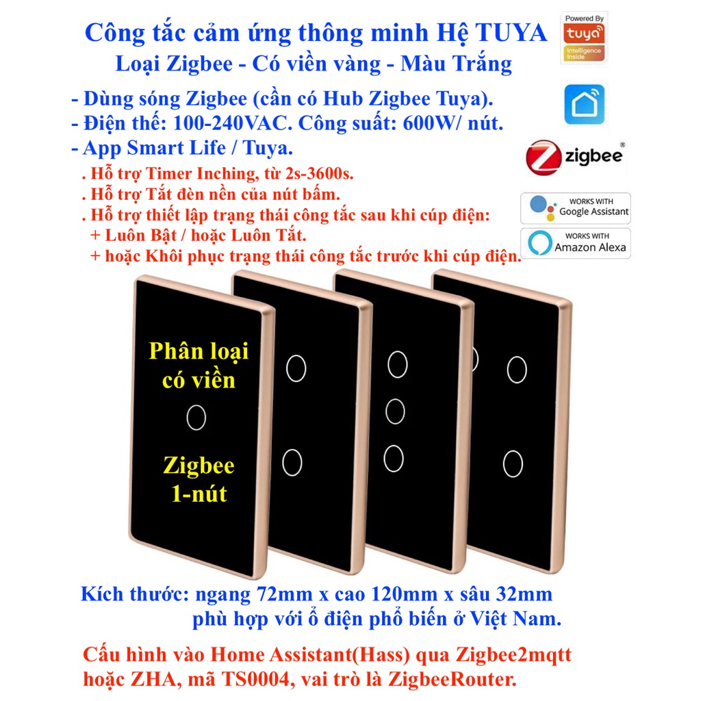 Công tắc thông minh Tuya, có viền, Zigbee, App Smart Life/ Tuya -