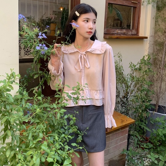 Áo sweater ZHELIHANGFEI tay dài lưng cao dáng ôm phối bèo phong cách Nhật Bản trẻ trung cao cấp