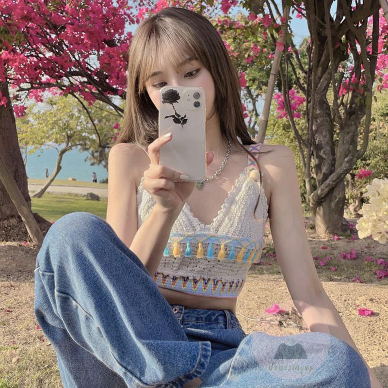Áo Tank Top Dệt Kim Không Tay Cổ Chữ V Khoét Sâu Phối Tua Rua Phong Cách Bohemian Cho Nữ