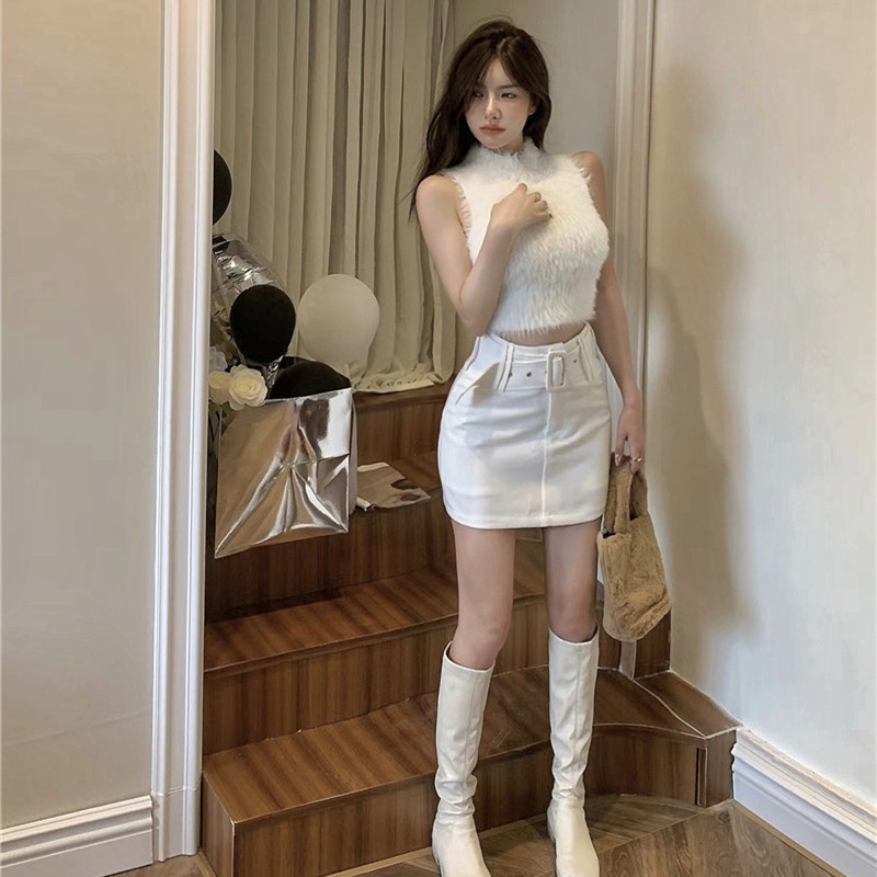 Bộ Áo Sát Nách Cổ Cao + Chân Váy Chữ a Lưng Cao Cá Tính Thời Trang