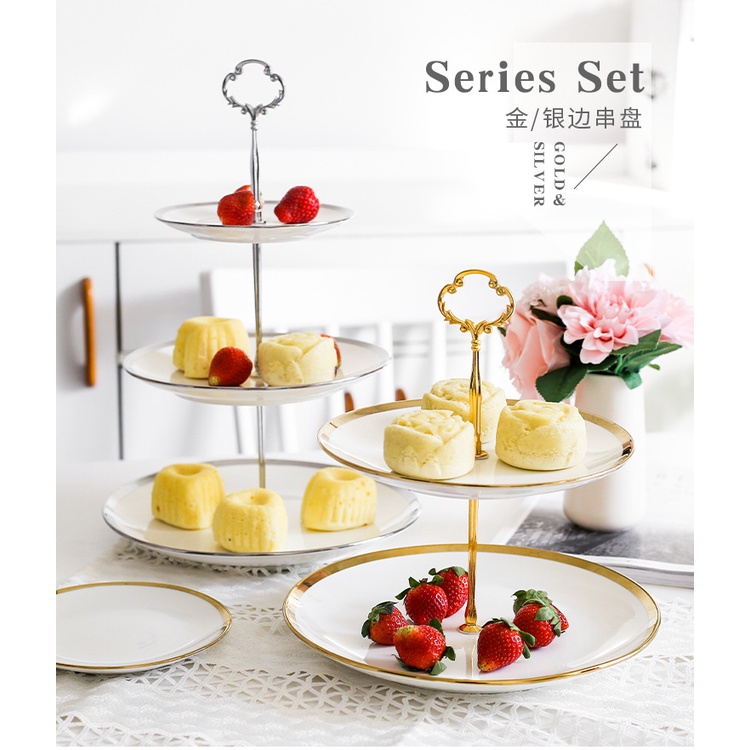 Khay bánh sứ viền vàng trang trí bánh, hoa quả bày bàn tiệc