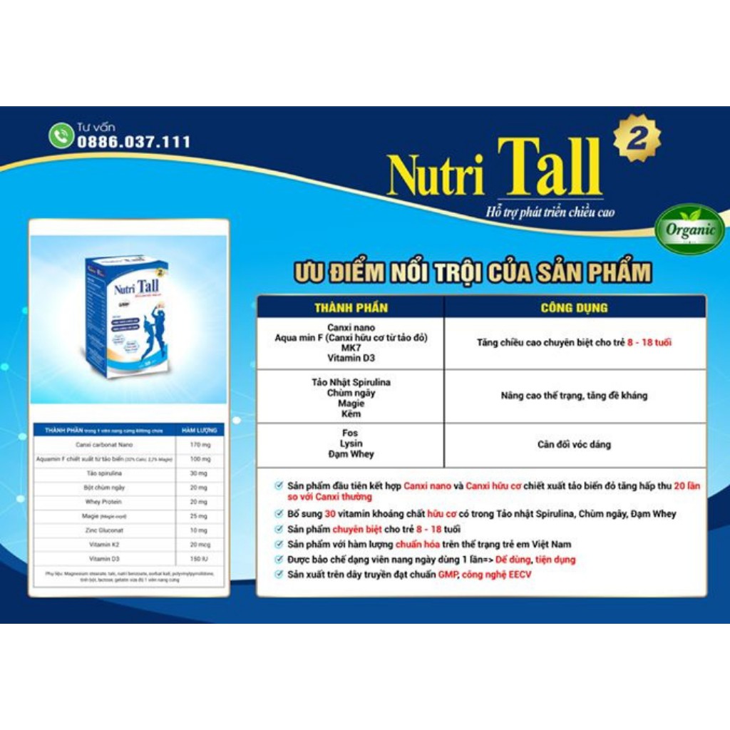 GIẢM 200k- Combo 6 hộp- Nutri Tall 2 Tăng Chiều Cao Cho Bé, Chuyên Biệt Phát Triển Chiều Cao Cho Bé Từ 8 - 18 Tuổi
