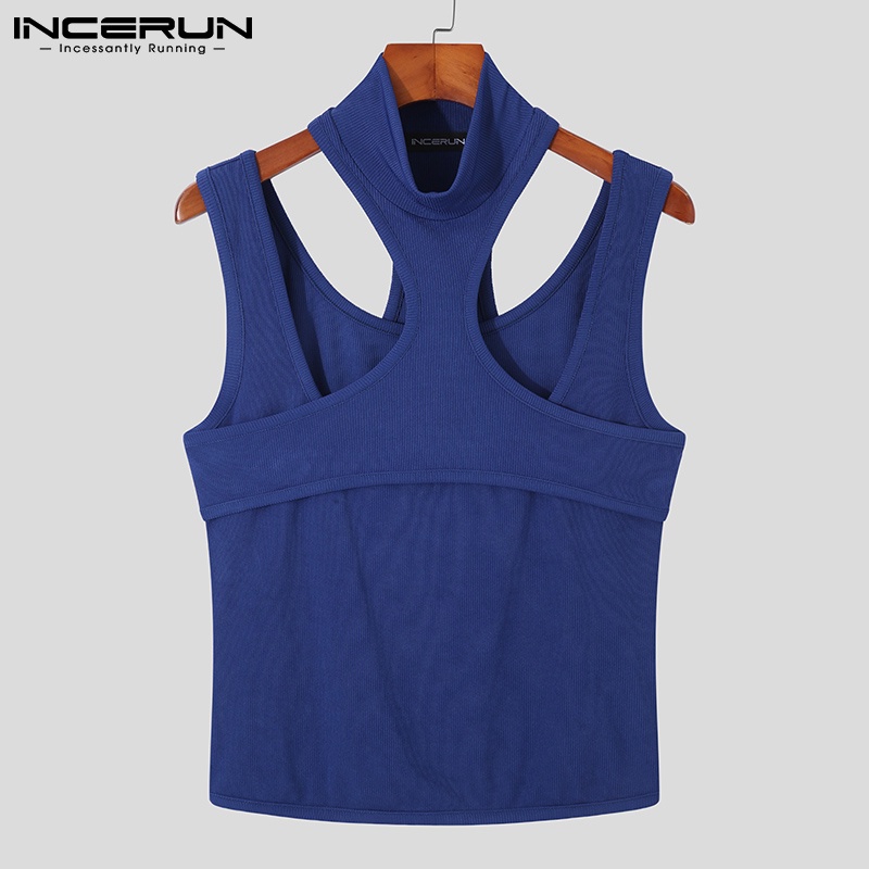 Áo ba lỗ dệt kim INCERUN cổ cao màu trơn thời trang cho nam có 3 màu lựa chọn