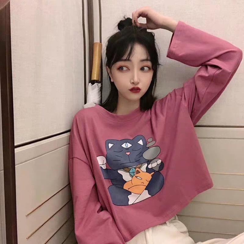 Áo dài tay croptop,áo phông croptop form rộng tay dài chất cotton dày đẹp in hình mèo