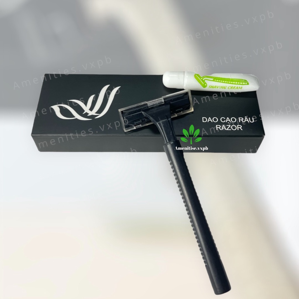 Combo 100 dao cạo râu cán nhựa đen hộp cánh chim cho khách sạn, resort, homestay,villa logo