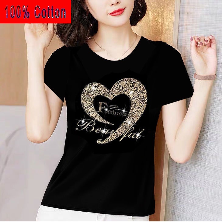 Áo Thun 100 cotton Màu Đen Tay Ngắn Cổ Tròn Cỡ Lớn Thời Trang Cho Phụ Nữ Trung Niên