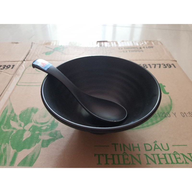 Combo 10 tô TOX17 và 10 Muỗng Melamine Đen Nhám