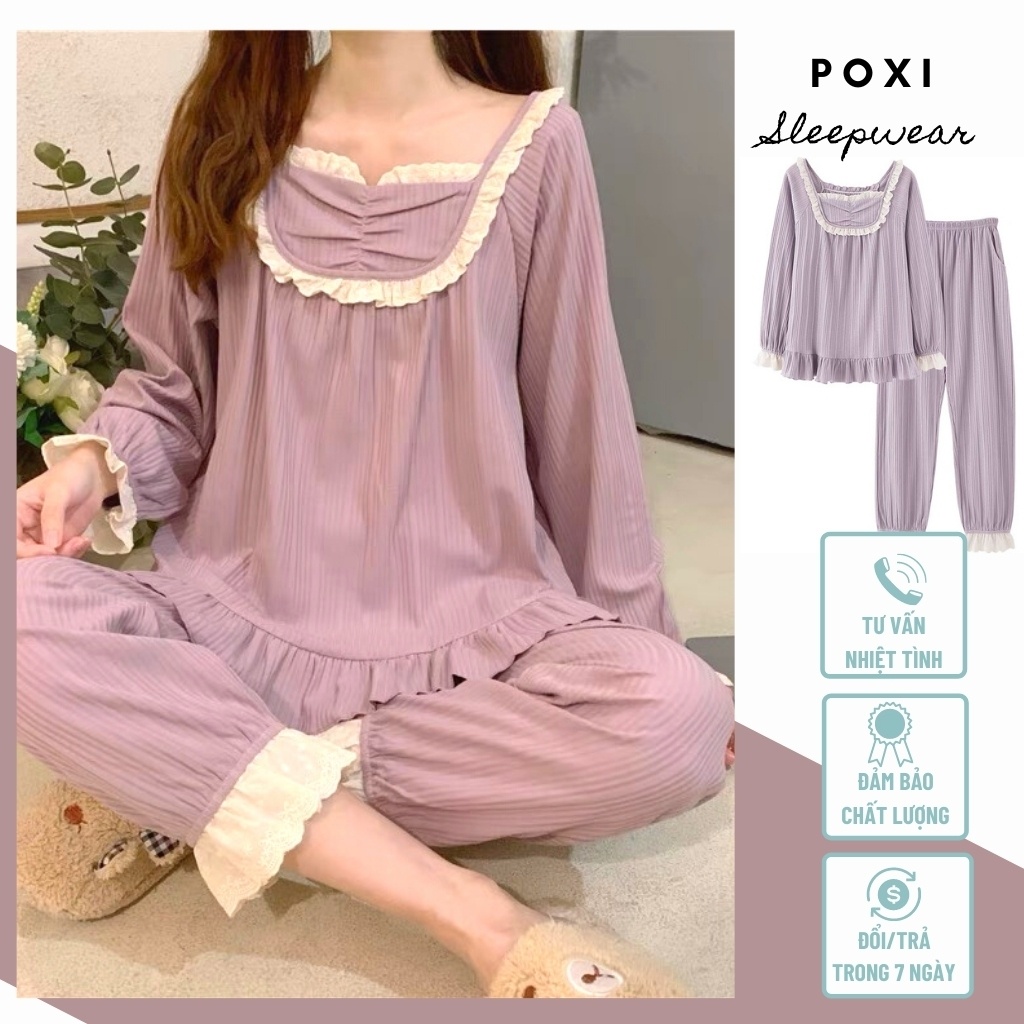 Đồ bộ ngủ nữ dài tay cute kèm bèo chất cotton quảng châu