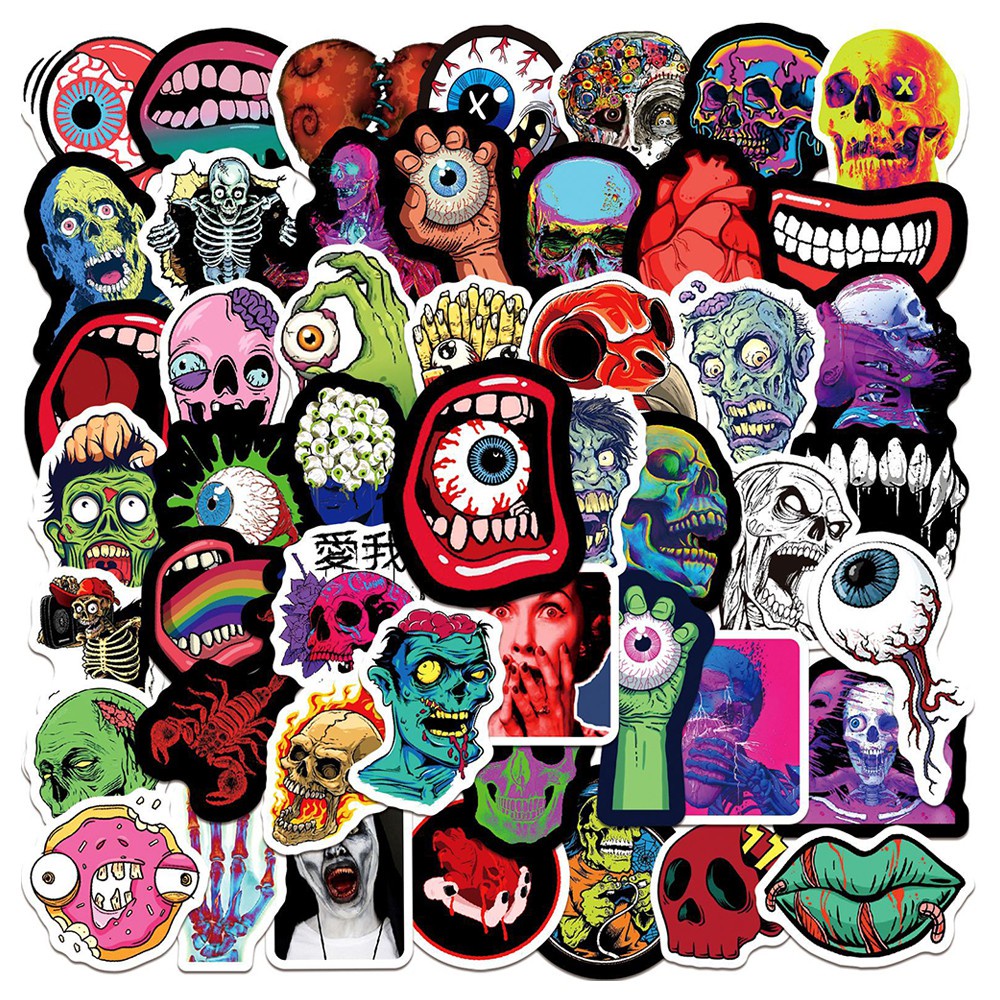 Set 50/ 25/ 10 miếng dán trang trí hình đầu lâu Zombie kinh dị