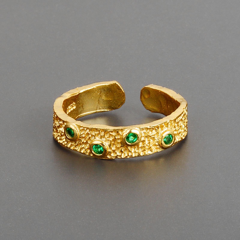 Nhẫn Hở Bạc Vàng Đính Đá Zircon Xanh Lá Thiết Kế Bất Đối Xứng Phong Cách Hàn Quốc Thời Trang Cho Nữ