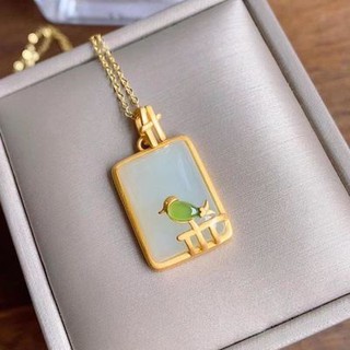 Mặt dây chuyền động vật hình chim nhỏ tự nhiên Ngọc Hetian Jasper S925 Bạc Happy Lông mày Vòng cổ cho bạn gái Dễ thương Nhỏ