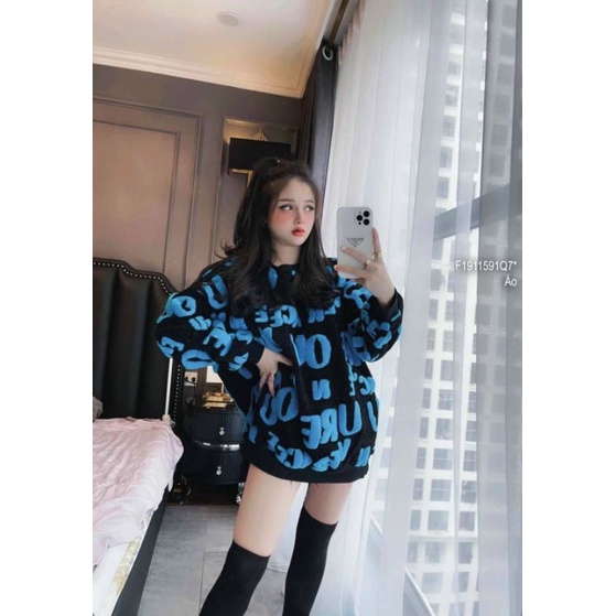 Áo len họa tiết chữ xù dáng rộng giấu quần tay dài hàng Quảng Châu