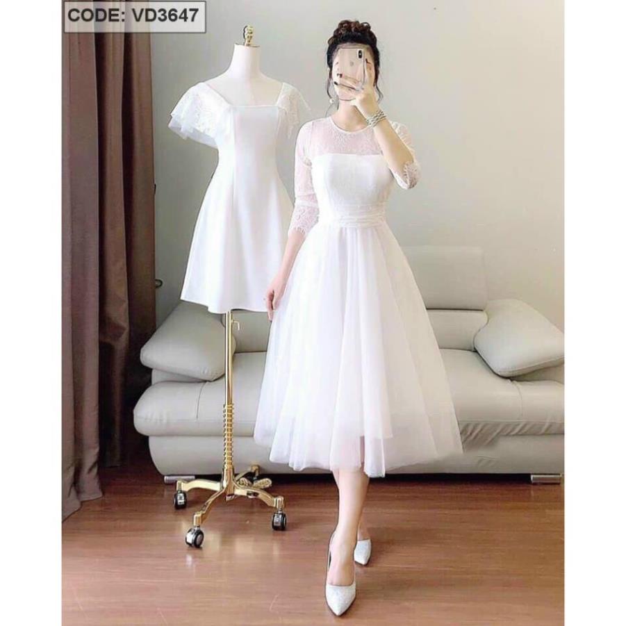 TBL-ảnh thật Đầm Xòe trắng Ren Phối Tùng Lưới Cứng Có Mút Ngực dự tiệc váy cưới