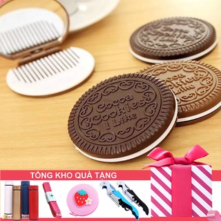 Gương Trang Điểm Bánh Quy Có Lược Tròn Mini Hàn Quốc Bỏ Túi, Soi Bé Nhỏ Bạn Gái Cầm Tay Di Động (Màu Nâu)