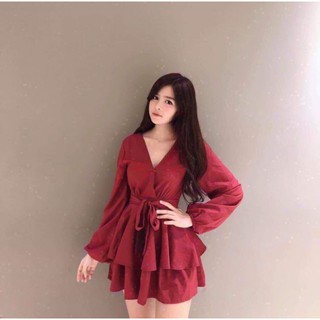 Đầm cổ v xếp tầng thắt nơ eo duyên dáng