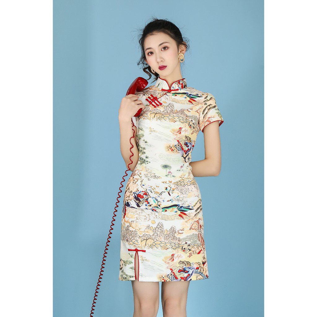 (Sẵn M) Sườn xám in hoạ tiết Trung Hoa (ảnh thật) | BigBuy360 - bigbuy360.vn