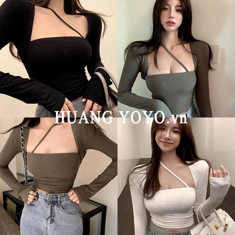 HUANG YOYO  Áo Thun Lửng Tay Dài Hở Vai Giả Hai Lớp Thời Trang Phong Cách Hàn Quốc Cho Nữ