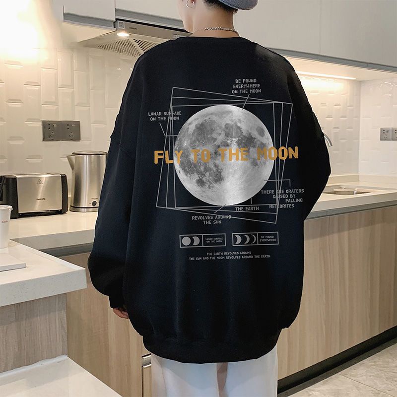 Áo sweater AOKANG tay dài dáng rộng cổ tròn in họa tiết cá tính cho nam