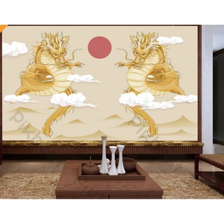 Tranh dán tường Tranh rồng vàng vẽ tay, Tranh 3d dán tường hiện đại phòng khách, phòng ngủ (tích hợp sẵn keo) MS1243890