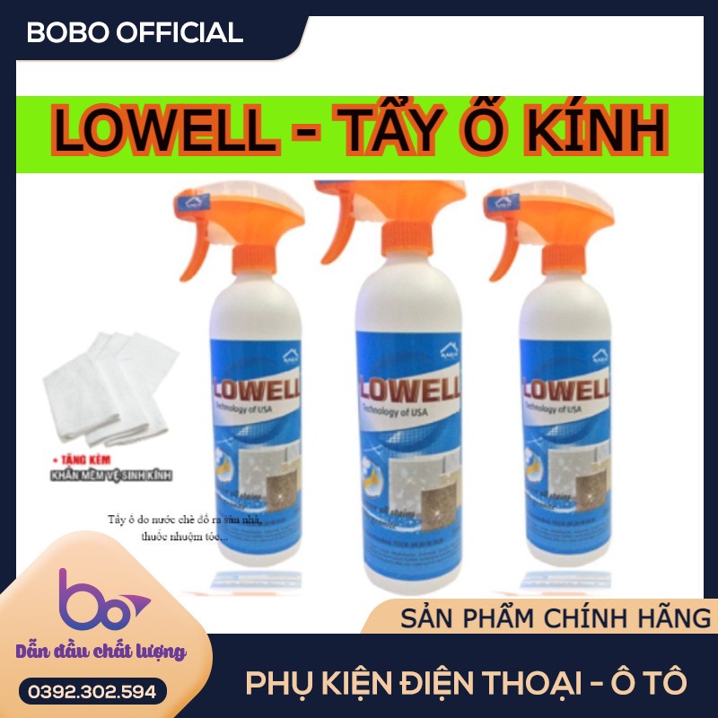 Lowell Clean - Dung dịch tẩy ố  kính xe hơi , ô tô , nhà vệ sinh  tặng kèm giấy lau.