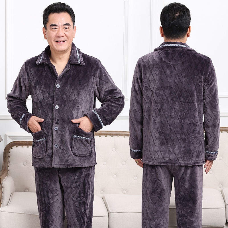 Bộ đồ ngủ nam thu đông san hô lông cừu mặc nhà cho người trung niên và người già