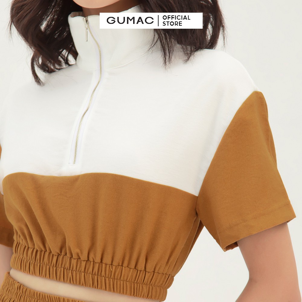 [Mã WABRGUM giảm 10% tối đa 30K đơn 99K] Áo thun croptop nữ tay ngắn phối dây kéo GUMAC màu nâu, đủ size AB319