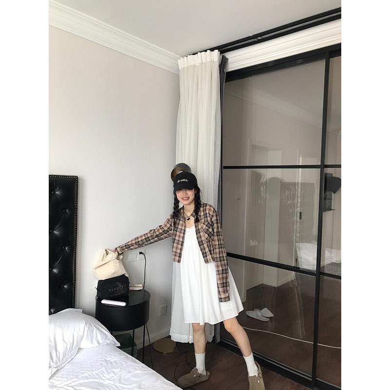 Đầm Hai Dây Mỏng Dáng Rộng Ngắn Màu Trắng Phong Cách Thời Trang