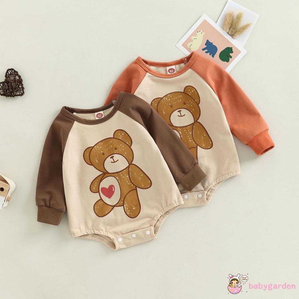 Áo Liền Quần Tay Dài Cổ Tròn In Hình Gấu Hoạt Hình Dành Cho Bé 0-18 Tháng Tuổi