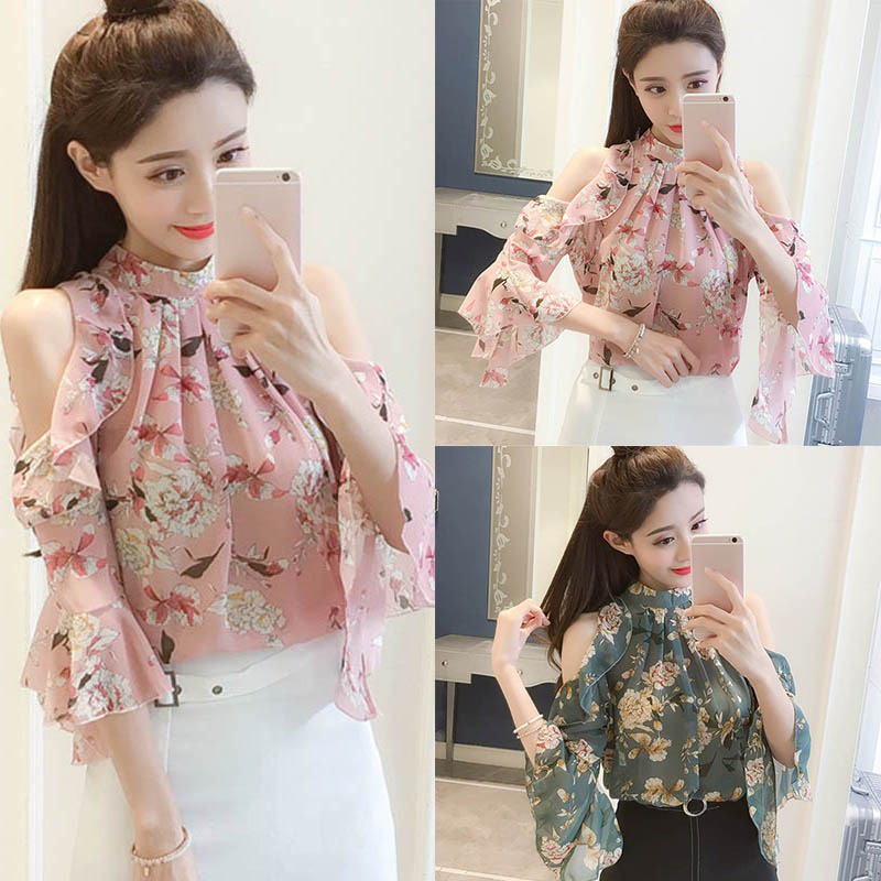 Áo Voan Hoạ Tiết Hoa Thiết Kế Trễ Vai Quyến Rũ