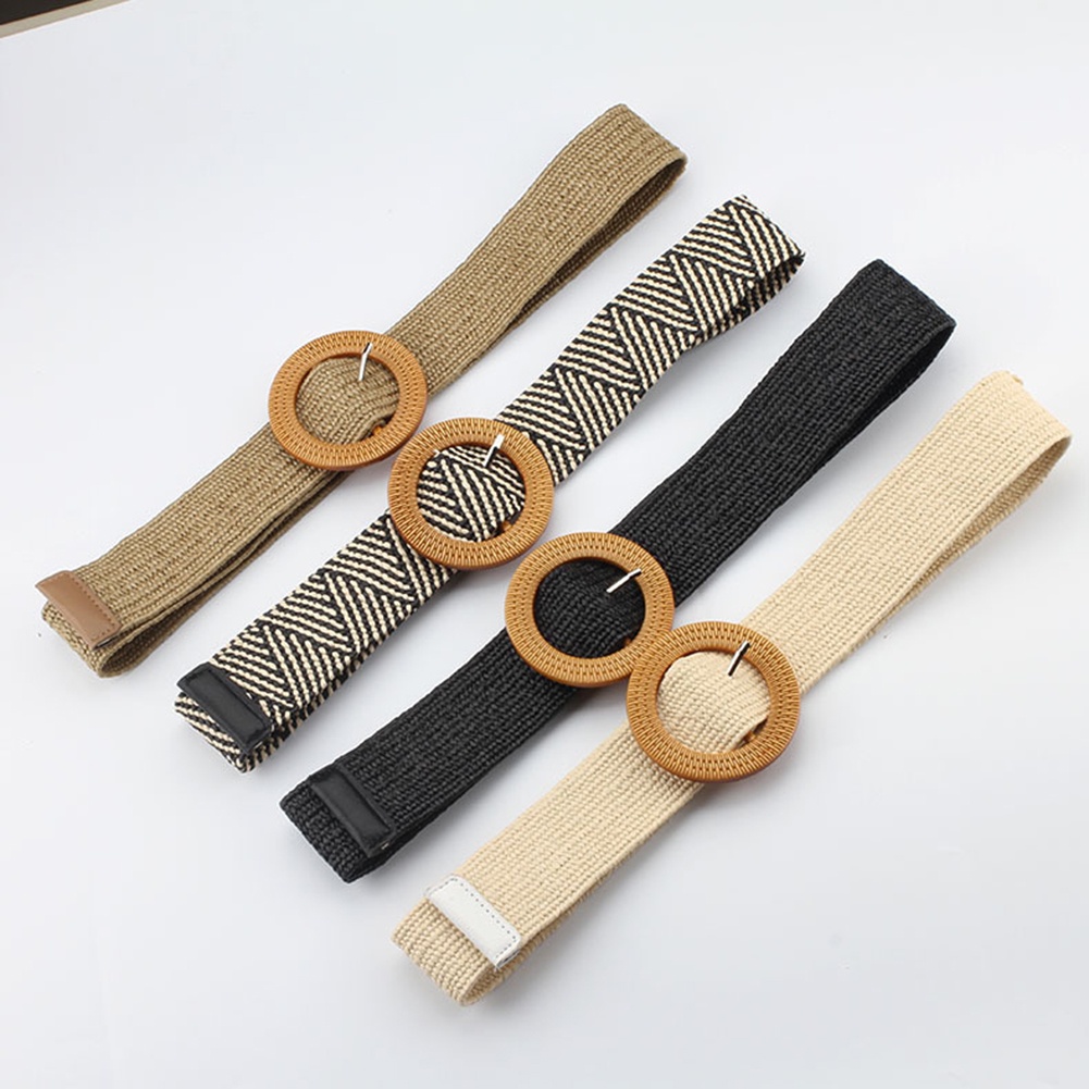 Dây thắt lưng đan sợi rơm có khóa cài kim loại phong cách boho thời trang dành cho nữ