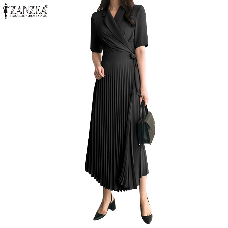 Đầm Zanzea dáng dài tay ngắn cổ bẻ thắt dây thời trang cho nữ