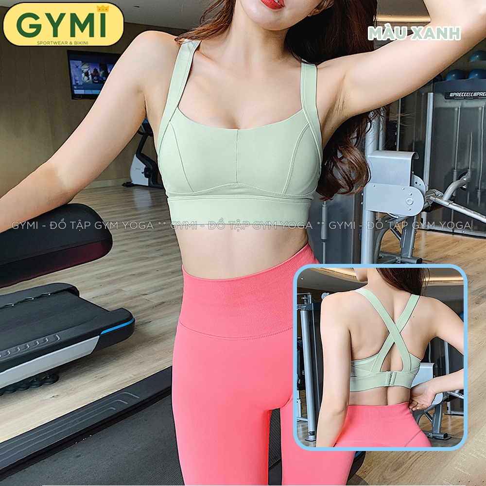 Áo bra tập gym yoga nữ GYMI AL36 mút ngực may liền cố định 2 dây đan chéo chất thun poly nâng đỡ ngực