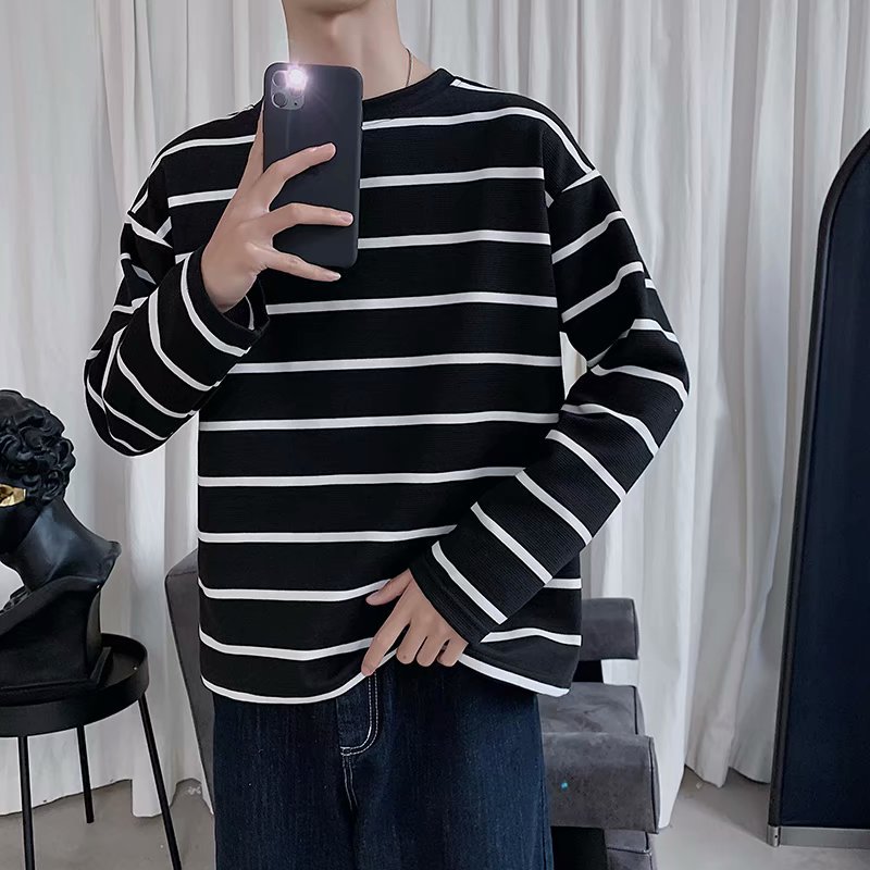 Áo thun cổ tròn dài tay dáng rộng họa tiết sọc ngang thời trang dành cho nam | BigBuy360 - bigbuy360.vn