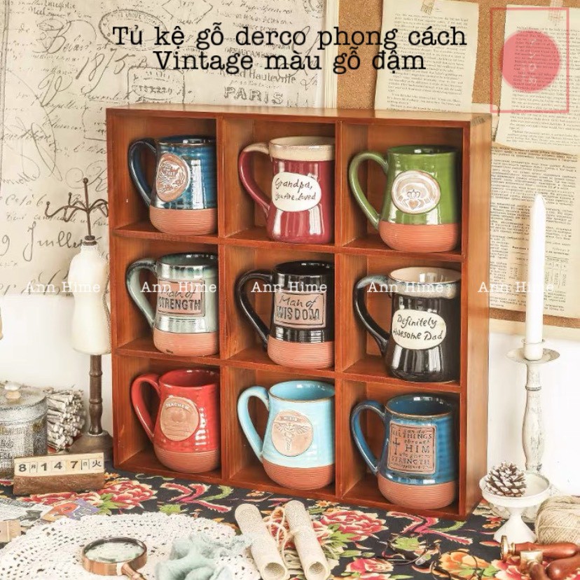 Kệ Gỗ Treo Tường Trang Trí Vuông 9 Ngăn Lớn Decor Phong Cách Vintage Retro Đựng Ly Cốc Ann Hime Sp08