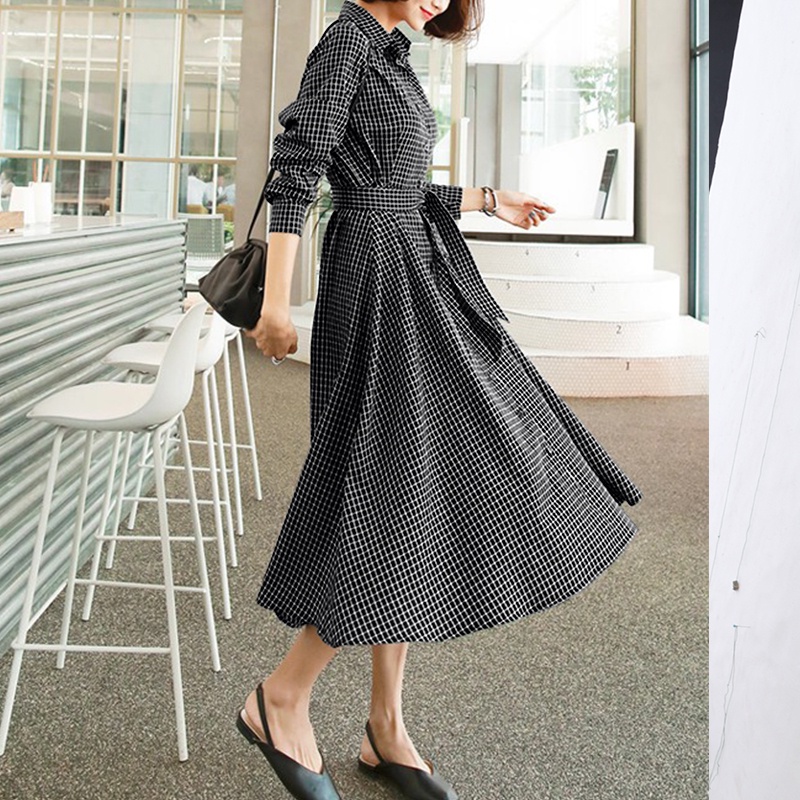 Đầm dài ZANZEA tay dài cổ bẻ họa tiết sọc caro thời trang phong cách Hàn Quốc cho nữ