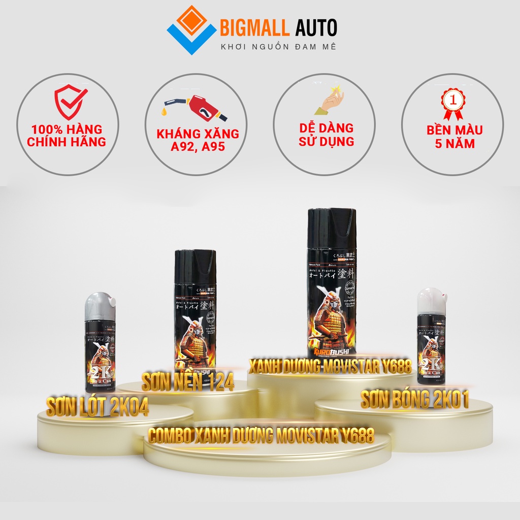 Combo Sơn Samurai màu xanh dương Movistar Y688 loại 2K chuẩn quy trình độ bền 5 năm gồm 2K04 - 124- Y688 -2k01