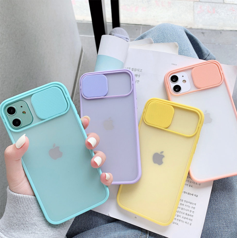 Ốp điện thoại mềm màu kẹo ngọt có vỏ trượt bảo vệ máy ảnh dành cho iPhone 6 6S 7 8 Plus XS Max XR 11 Pro Max SE2020