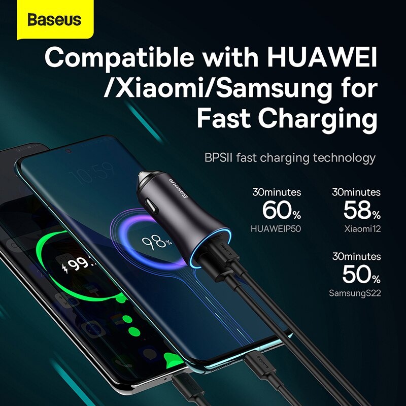 Tẩu Sạc Nhanh Trên Ô Tô Baseus Công Suất 60w Cổng Type C Và USB A Tương Thích Xiaomi Iphone Huawei Samsung