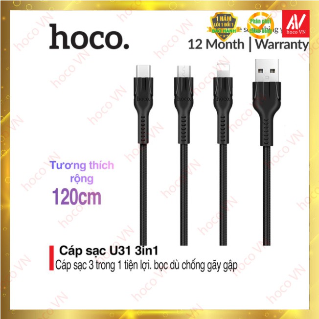 Cáp sạc Hoco U31 3 in 1 (Lightning+Micro+Type-C) tương thích tất cả các các dòng điện thoại dài 1.2m