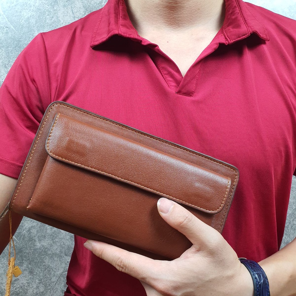 Clutch nam da bò thật, Clutch cầm tay ngăn đựng điện thoại CL126LEA - 100% da bò thật, BH 3 năm