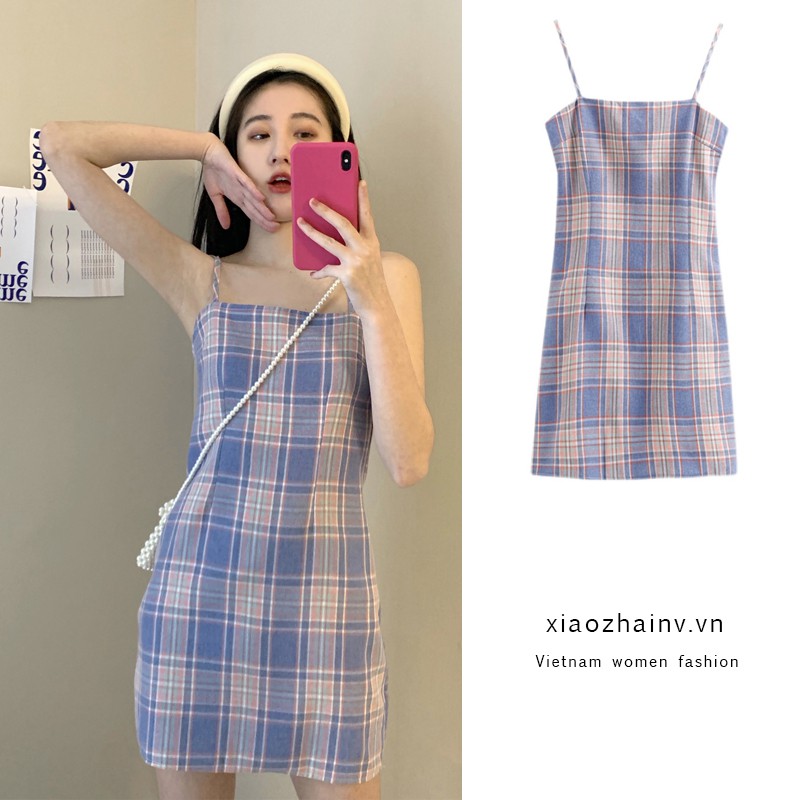 Đầm hai dây kẻ sọc ca rô Xiaozhainv thời trang Hàn Quốc quyến rũ cho nữ