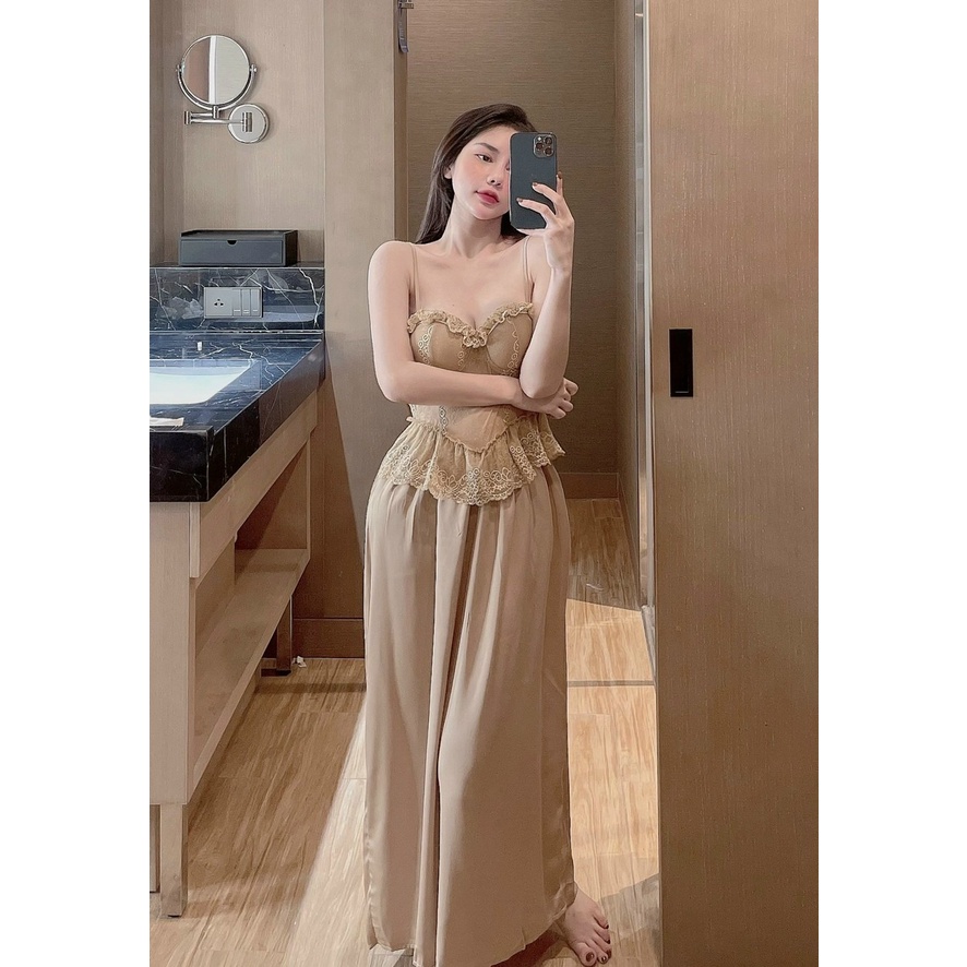 Set Đầm Ngủ Công Chúa 2 Dây Sexy Kèm Áo Choàng Lụa Xinh Xắn Freesize