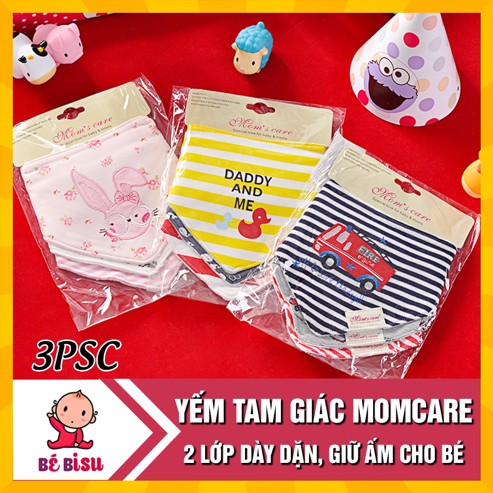 Set 3 Khăn yếm tam giác Mom's Care QUẢNG CHÂU 2 lớp dày dặn, có cúc bấm tiện lợi cho bé (MỚI)