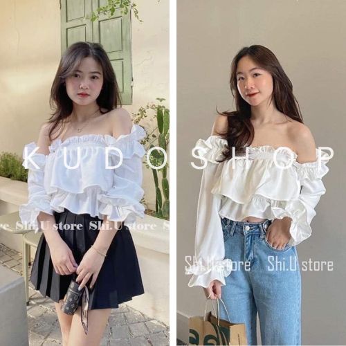 Áo croptop trễ vai bèo 2 tầng dáng xòe dễ phối đồ/ Áo kiểu nữ tay phồng bánh bèo 3 màu xinh xắn - ku