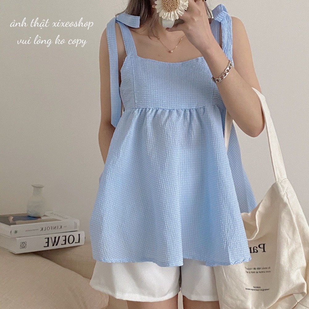 Set Hai Dây Kẻ Xốp Buộc Nơ Kèm Quần Short Trắng Nữ - Sét Đồ Ulzzang Áo Baby Doll Kẻ Caro 3 Màu Siêu Xinh